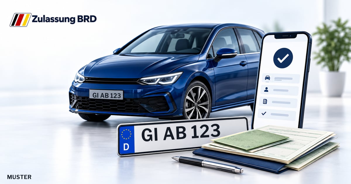 Online Fahrzeugzulassung in Fernwald: Musterkennzeichen GI AB 123, Auto und Fahrzeugpapiere und Smartphone. Illustration mit Logo von Zulassung BRD.